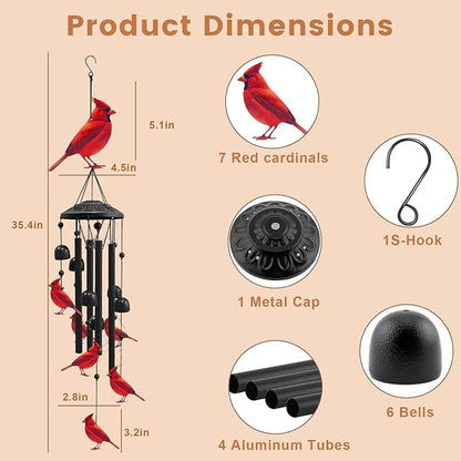 AVEKI Metal Cardinal Wind Chimes for Outside, Cardinal Gifts for Women Mother's Day Birthday Christmas, Black Wind Chime with 7 Cardinal Birds, Outdoor Windchimes Decor for Garden Patio (Red Cardinal)