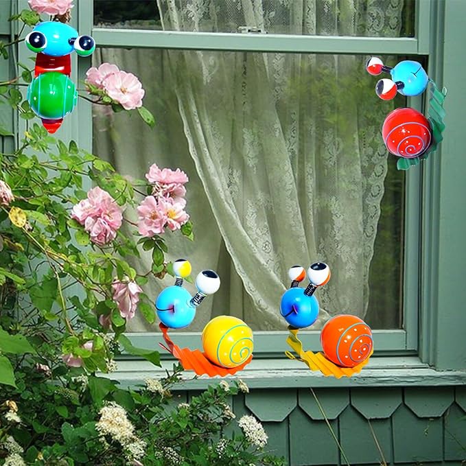 4 Pack Metal Cute Snails Yard Art Handcrafted Garden Decor Outdoor Decorations Set for Outside Patio Lawn Garden Courtyard Indoor Home Wall Decorative Ornaments (Yellow, Orange, Red, Green)