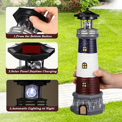 Solar Lighthouse Outdoor Statues, 360° Rotating Beacon Garden Lighthouse, 15" Light House for Outside Garden Yard Decor, Waterproof Resin Nautical Figurines for Patio Lawn Landscape Lighting (Black)