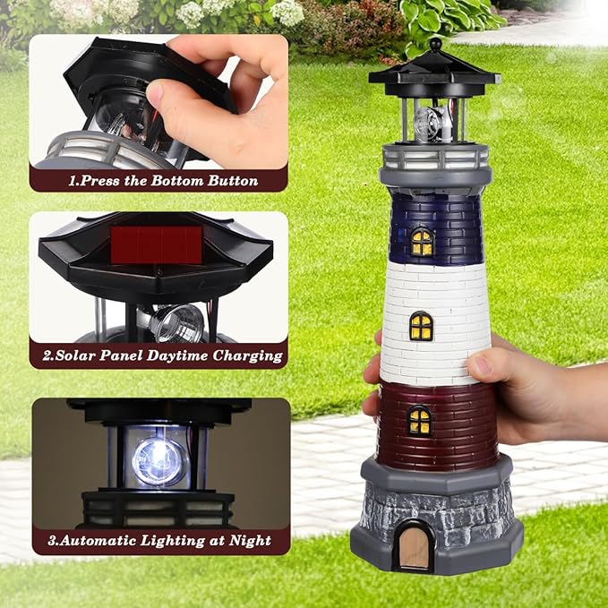 Solar Rotating Lighthouse Outdoor Lantern Garden Decor Resin Street Light - Black
