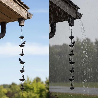 Rain Chain Home Decor, Outdoor 3.54 FT Rain Catcher Chain for Gutter Downspouts Divert for Roof Porch Lawn Gazebos Garden Drainage Eaves Decor (Pinecone) (Bird)