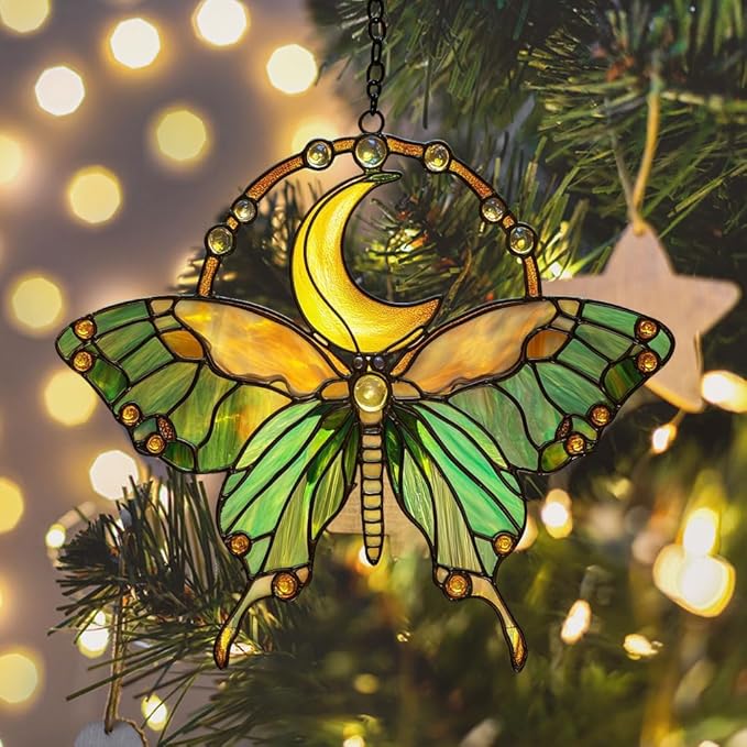 Cresent Luna Moth Acrylic Suncatcher Stained Glass Effect Window Car Hanging Christmas Ornament Indoor Outdoor Decor Garden Sun Catcher Panel for Butterfly Lover for Women Mom Grandma