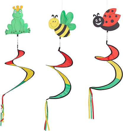 Relaxdays Spiral Set of 3 Animal Motifs Decorative Wind Chimes for Outdoors, Hanging Wind Vane Garden & Balcony, Colourful