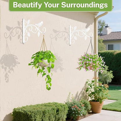 iDavosic.ly Plant Hangers Outdoor 2-Pack, 12 Inch Heavy Duty Iron Wall Brackets for Hanging Plants, Baskets, Bird Feeders, Lanterns, Wind Chimes, Indoor Metal Hooks for Garden Porch Patio, White