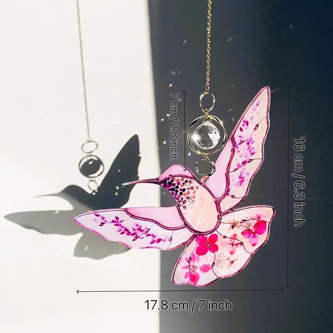 Pink Acrylic Hummingbird Flowers Garden Suncatcher Window Hanging Crystal Prism Rainbow Maker Sun Catcher Ornaments Birthday Christmas Thanksgiving Gifts for Mom Grandma Sister Birds Lovers