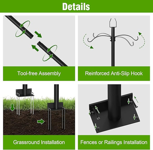 2 Pack String Light Poles for Outside, 9FT Heavy Duty Light Poles Outdoor with Shepherds Hooks for Bird Feeder & Plant Hanging, Adjustable Height Metal Pole for Garden Party Backyard Patio Decor