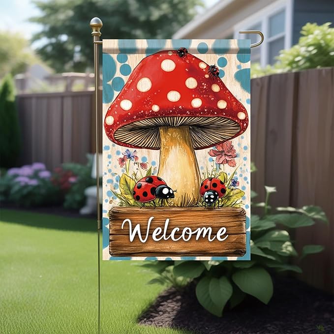 Spring Summer Garden Flag 12x18 Inch Mushroom Ladybug Welcome Woodland Floral Design Outdoor Yard Porch Lawn Garden for Seasonal Farmhouse Cottage Home Decor