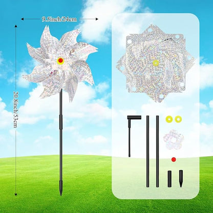 6Pcs Sparkly Pinwheels for Yard and Garden, Reflective Silver Wind Spinners Yard Decorations Outdoor Windmill, 9.5in Garden Pinwheels to Scare Birds, Silver