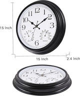 15 Inch Outdoor Clock, Black Metal-Frame Outdoor Clocks Waterproof, Silent Outdoor Wall Clock for Garden Patio Pool