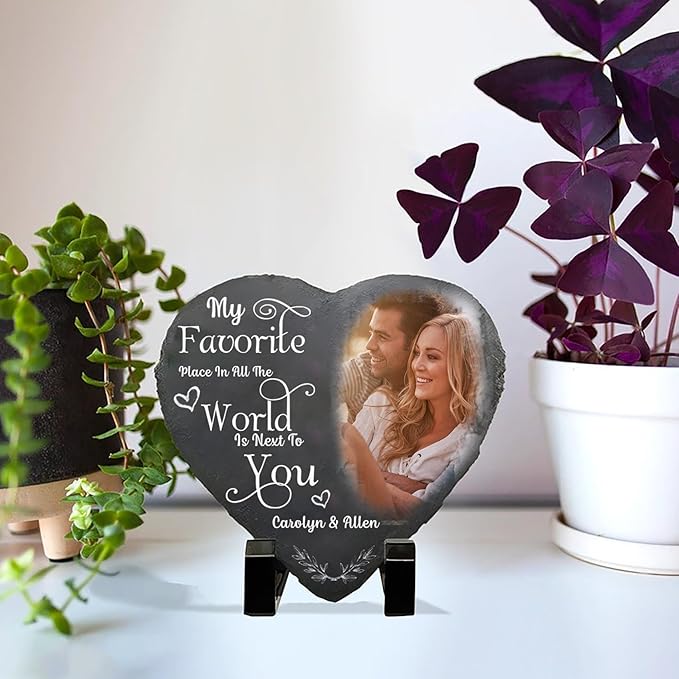 NAZENTI Custom Photo My Favorite Place In All The World Is Next To You, Couple Personalized Heart Shaped Stone With Stand, Gift For Husband Wife Anniversary Couples