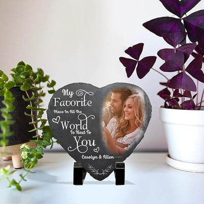 NAZENTI Custom Photo My Favorite Place In All The World Is Next To You, Couple Personalized Heart Shaped Stone With Stand, Gift For Husband Wife Anniversary Couples
