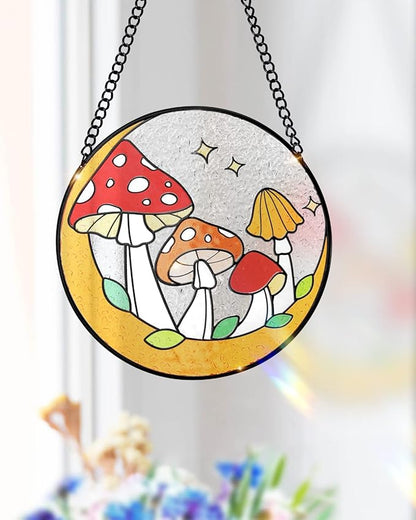 Tuitessine Mushroom Stained Glass Suncatcher, Hand-Painted Toadstools Window Hanging Decorative Glass Panel for Home & Garden, Boho Nature Gift for Women & Housewarmings