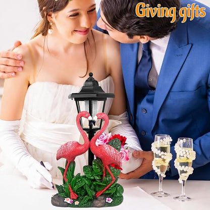 Solar Flamingo Garden Decor, Romantic Flamingo Couple with LED Lantern Decoration for Outside Patio Yard Backyard Gifts for Mother's Day Birthday Housewarming