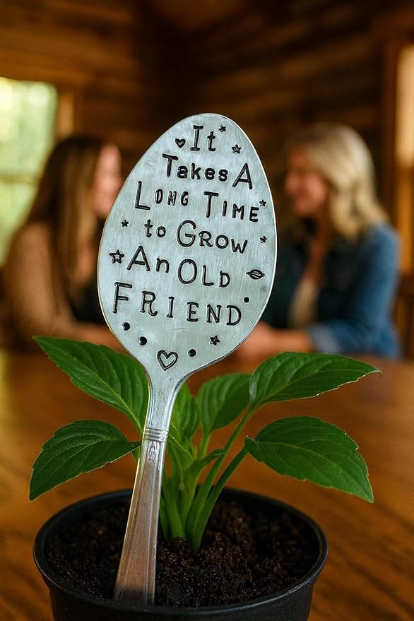 Garden Marker, It Takes A Long Time to Grow an Old Friend, Recycled Spoon for Plants, Herbs or Flowers, Hand Stamped