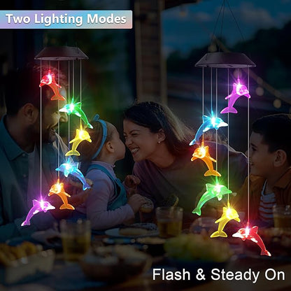Solar Dolphin Gift for Mom Grandma Girls, Color Changing Wind Chimes for Outside, Solar Outdoor Decorative Mobile Lights for Garden, Yard, Patio, Window, Party, Christmas Decorations