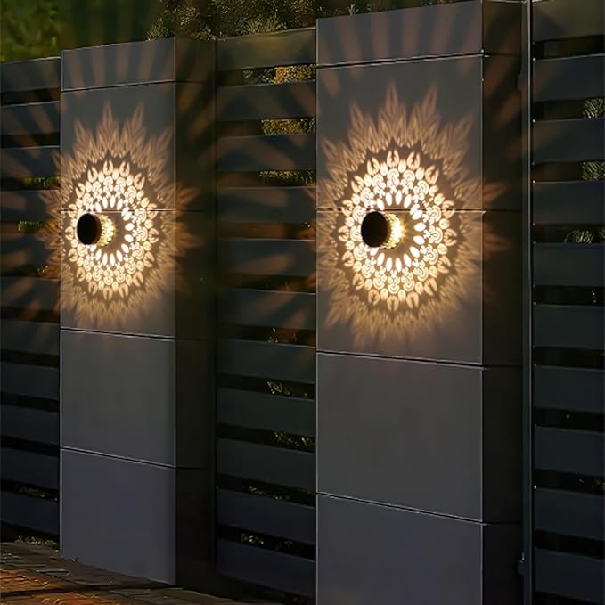 Neoglint 2 Pack Solar Mandala Fence Lights, Decorative Metal Solar Powered Outdoor Wall Deck Lights, IP55 Waterproof Warm White Mandala Lights Outdoor for Garden Patio Backyard Step Decor