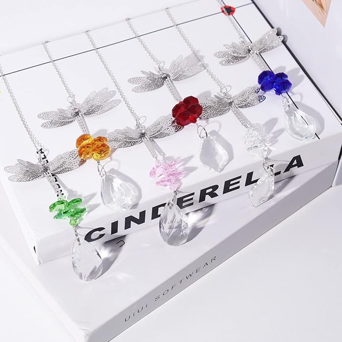 Dragonfly Crystal Prisms Bead Hanging Crystal for Windows Garden Wedding Christams Decor Rainbow Maker Mirror, Set of 6