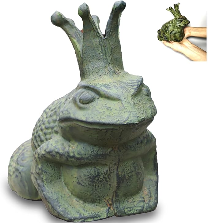 Cast Iron Frog Garden Statue Decor, Frog Pond Sitter Figurine, Frog Sculpture 6.3inches with Crown for Patio, Frog Garden Accent, Cute Outside Ornament, Heavy Duty Weights 4.4lbs