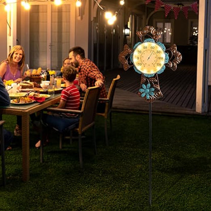 MUMTOP Outdoor Thermometers for Patio-Indoor Outdoor Wall Thermometer - Solar Led Light Cross and Flower Outside Decorative Temperature for Home or Garden Decor