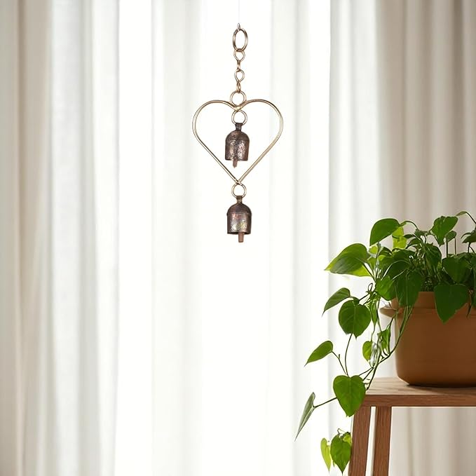 Rustic Metal Heart Bell Wind Chime – Heart-Shaped Decorative Bell with Antique Brass Finish – Hanging Indoor Outdoor Farmhouse Decor – Valentine's Gift or Garden Accent 8.5 x 3.75 Inch