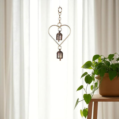 Rustic Metal Heart Bell Wind Chime – Heart-Shaped Decorative Bell with Antique Brass Finish – Hanging Indoor Outdoor Farmhouse Decor – Valentine's Gift or Garden Accent 8.5 x 3.75 Inch