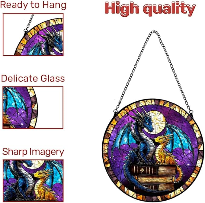 GENANY Dragon Book Stained Glass Window Hanging, Sun Catcher with Metal Chain and Hook, Bookish Gifts for Women Friends Family, Garden Decor, Housewarming Gifts, Outdoor Decor