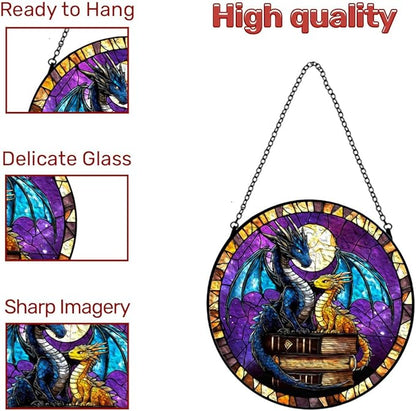 GENANY Dragon Book Stained Glass Window Hanging, Sun Catcher with Metal Chain and Hook, Bookish Gifts for Women Friends Family, Garden Decor, Housewarming Gifts, Outdoor Decor