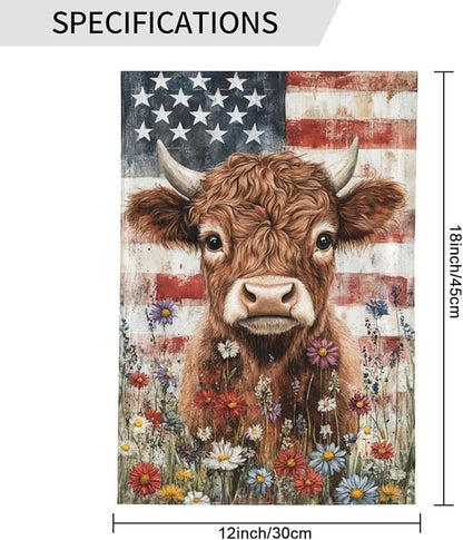 Wildflowers Highland Cow Garden Flags 12×18 Inch American Flag Double Sided Decorative Yard Banner for Outdoor Outside Decor