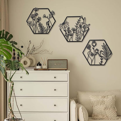 OYEFLY 3 Pcs Metal Flower Wall Decor,Farmhouse Flower Art (Black)