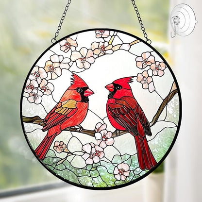 Cardinal Stained Glass Window Suncatcher Hanging - Red Birds Sun Catchers Handmade Cardinal Suncatchers for Home Garden Decor Panel - Memorial Sun Catcher Mother's Day Birthday Gifts for Mom Grandma