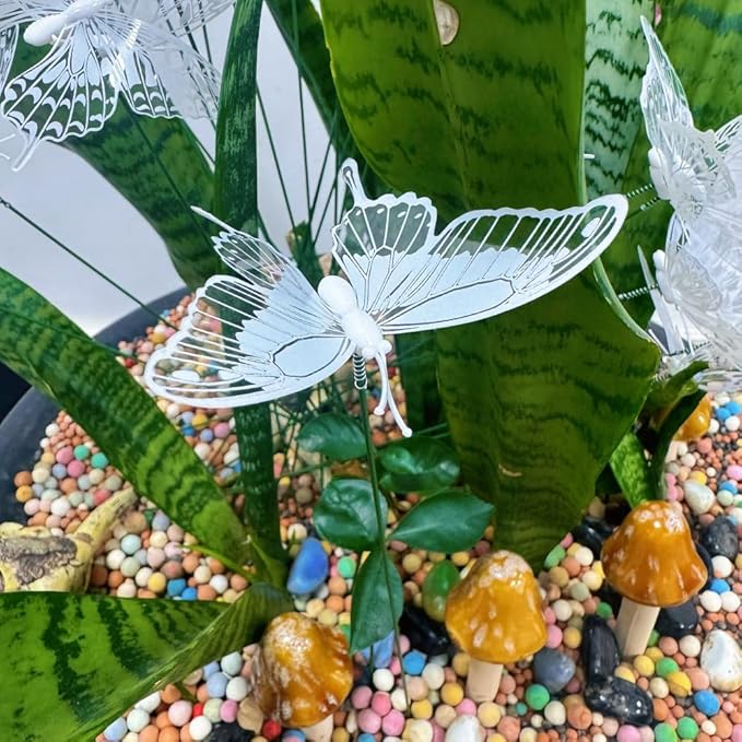 3D Butterfly Garden Stake Decor,10" PVC Butterfly Garden Decor for Outside,Shaking Head Artificial Butterflies for Cake Bouquet Wall Lawn Pathway Plant Pot Flower Bed Yard Decor (50, White)