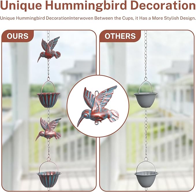 Rain Chains for Gutters, 8.8 Ft Rain Chains with 8 Cups & 9 Hummingbird Decor, Rain Barrels to Collect Rainwater from Gutter, Gutter Downspout Extensions