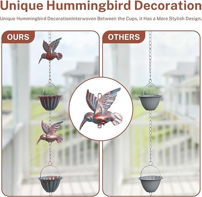 Rain Chains for Gutters, 8.8 Ft Rain Chains with 8 Cups & 9 Hummingbird Decor, Rain Barrels to Collect Rainwater from Gutter, Gutter Downspout Extensions