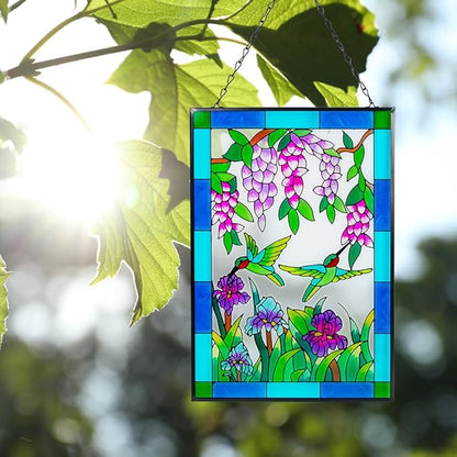 Viveta Hummingbird Stained Glass Window Hanging, Stained Suncatchers for Window, Hand-Painted Glass Panels with Chain, Gift for Mom Grandma Christmas Decor 10 * 15"