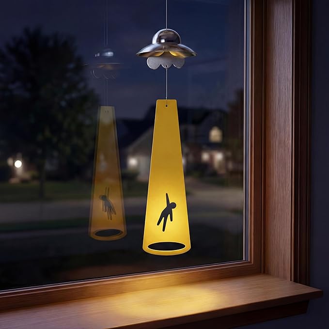 Funny Metal UFO Spaceship Wind Chime with Summoning Card Quirky Sci-Fi Hanging Decor for Bedroom & Study, Novelty Alien Gift for Teens & UFO Lovers, Unique Indoor Ornament (Farmer)