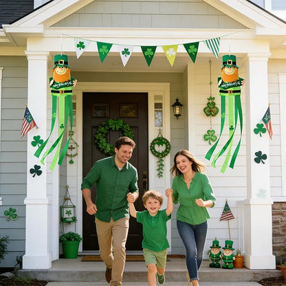 47 Inches St. Patrick's Day Leprechaun Windsock Decoration, Green Hanging Outdoor Windmill Decor with Shamrock Designs, Festive Irish-Themed Wind Sock Ornament for Garden, Patio, and Yard