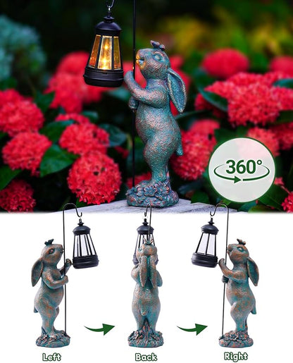 Pohabery Garden Statues Outdoor Bunny with Solar Lantern – Rabbit Yard Decor, Waterproof Resin Figurine Pathway Light for Easter Housewarming Gifts for Lawn & Patio