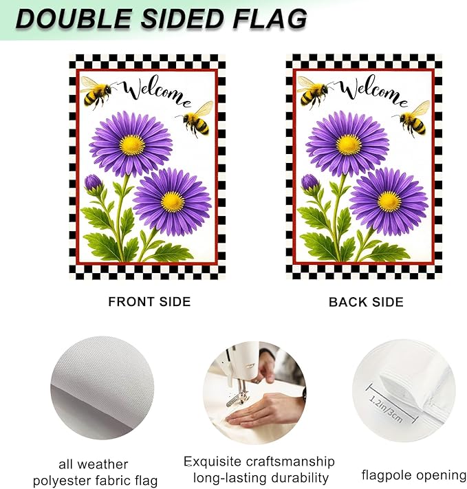 IVN Welcome Garden Flag 12x18 Inch Double Sided Spring Garden Yard Flags Bee Purple Daisy Decorative Small Flags for Outdoor Seasonal Front Door Lawn Porch Patio Decor Yard Flag