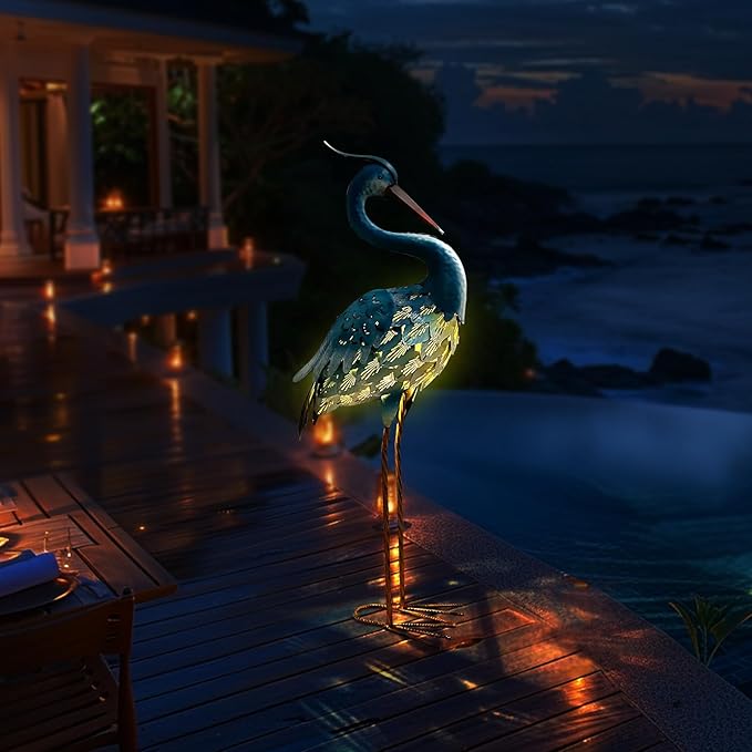 HONGLAND Solar Metal Crane Statue Garden Heron Sculpture, Outdoor Heron Yard Art Coastal Ocean Bird Decor Lawn Ornament for Backyard Porch Patio Decor（30 Inch）