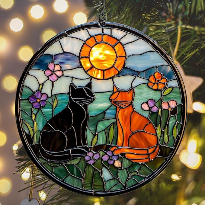 Vivid Cat Mosaic Art Acrylic Suncatcher Stained Glass Effect Window Car Hanging Christmas Ornament Indoor Outdoor Decor Garden Sun Catcher Panel Gifts for Cat Lover for Women Mom Grandma
