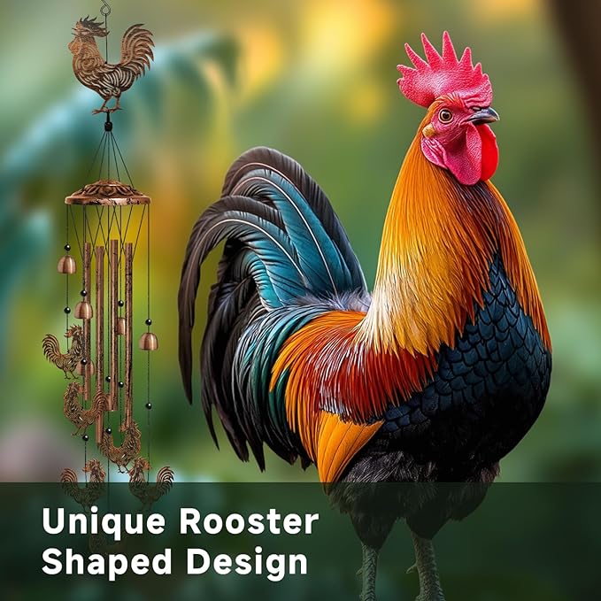 Rooster Wind Chimes for Outside, Rooster Gifts for Women/Men/Mother/Father, Metal Windchimes for Birthday/Christmas/Thanksgiving, Chicken Decor for Patio, Garden,Yard, Home, Porch