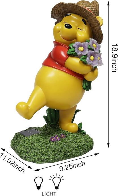 MOMENTS IN TIME Disney Winnie The Pooh Garden Statue Solar Lighted Outdoor 18.9” Figurine Hand-Painted Polyresin Pooh Bear with Flowers Whimsical Yard Lawn Patio Décor