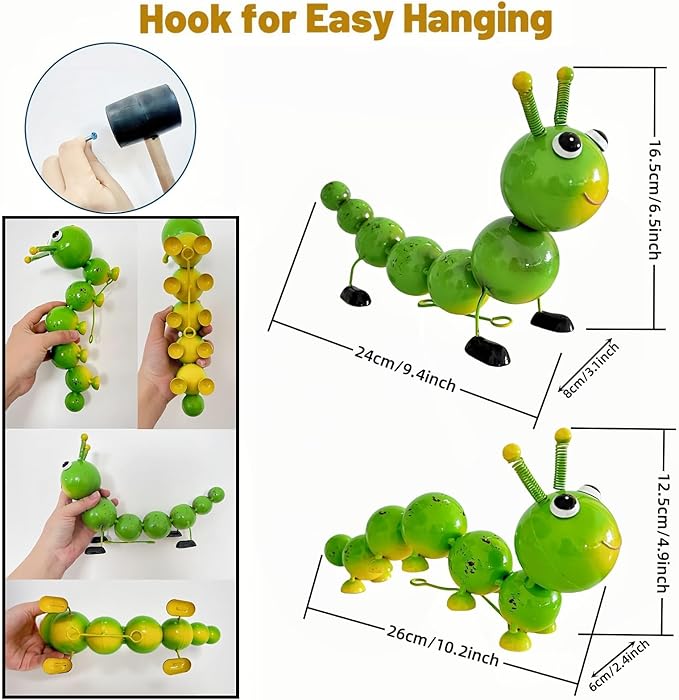 2 Pack Green Metal Caterpillar Garden Statues Outdoor Art, Cute Insect Lawn Ornaments for Backyard Patio Decorations, Funny Animal Yard Decor Gifts for Women Mom
