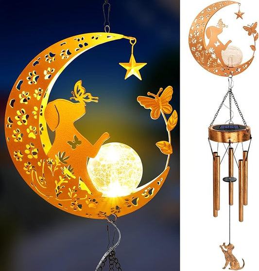2Pack Solar Moon Dog Wind Chimes for Outside, Dog Lover Gifts for Mom Women Men Birthday Mothers Day, Hanging Outdoor Decor Cracked Glass Ball Memorial Wind Chimes for Garden Porch
