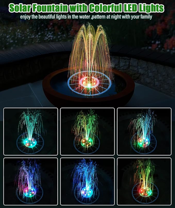 SZMP Solar Fountain Pump Upgraded 100% Glass Panel, 3.5W Solar Powered Fountain Built-in 2000 Battery with 7 Nozzle & 4 Fixer, Solar Fountain for Bird Bath, Pond, Fish Tank, Outdoor