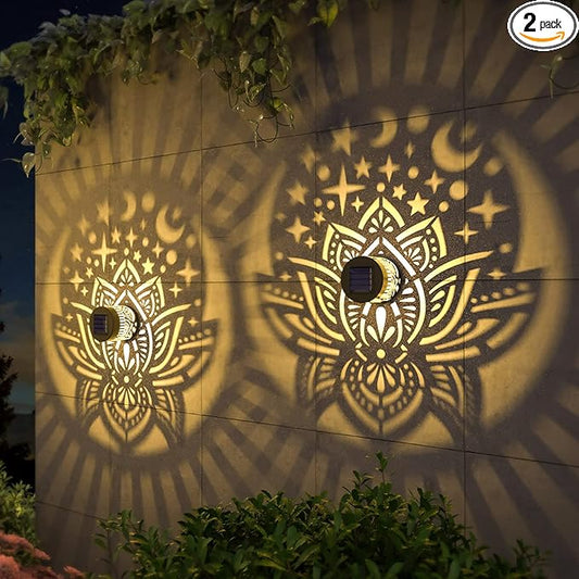 gardencave 2 Pack Solar Fence Lights Metal Solar Powered Outdoor Wall Deck Lights Lotus Theme Waterproof Fence Light for Garden Post Patio Backyard Yard Decor (Lotus, 2 Pack)