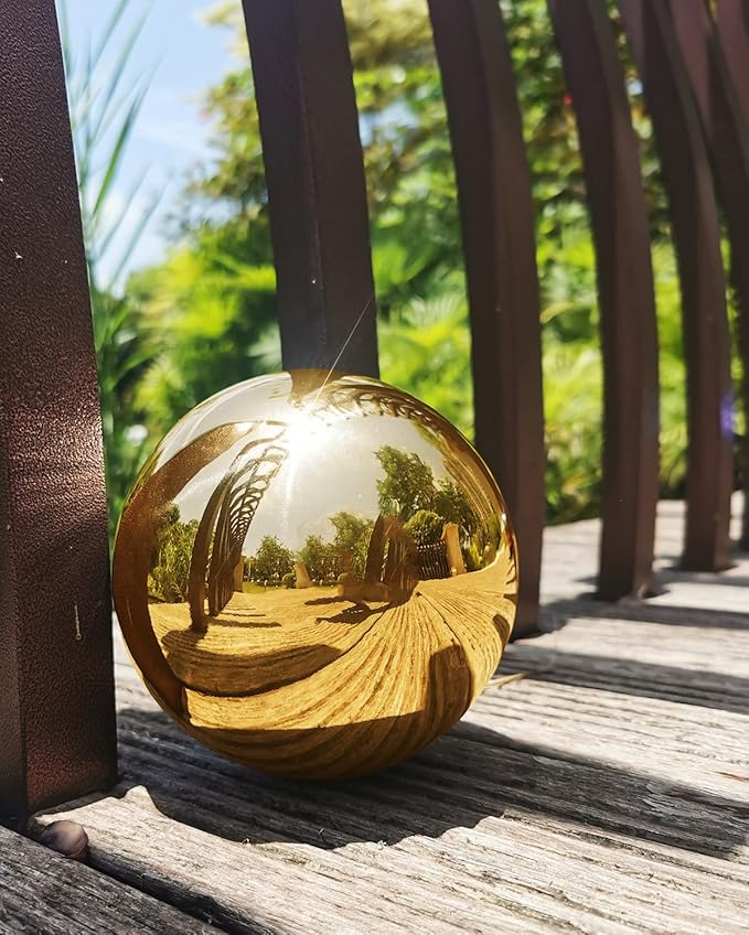Gold Gazing Globe Mirror Ball in Stainless Steel, Shiny Hollow Sphere Sparkling Housewarming Outdoor Ornament (8 Inch) (Gold)…
