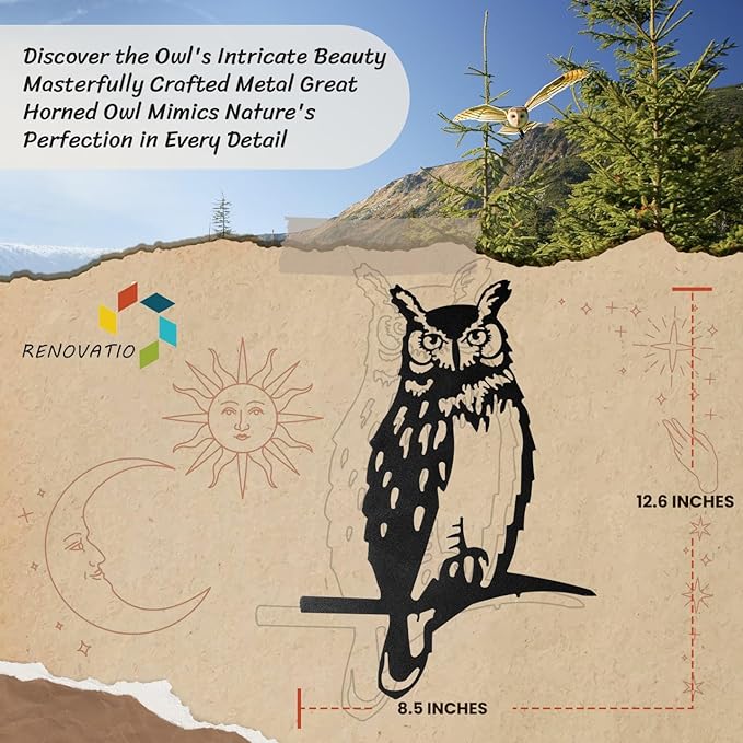 Renovatio Owl Metal Bird Art, Gifts for Dad, Owl Outdoor Decor for Garden, Yard & Patio – Majestic Bird Ornament & Yard Art – Garden Statues, Outdoor Ornaments & Durable Backyard Decor – Black