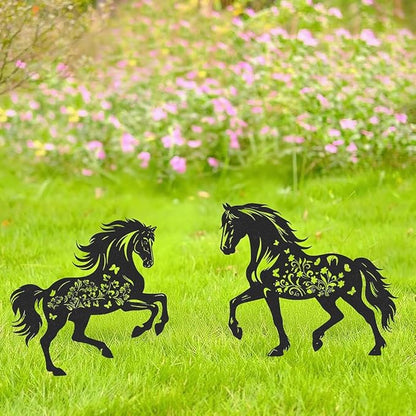 Metal Horse Decor for Outside,2 Piece Black Horse Silhouette Statues Garden Decor for Outside,Outdoor Decor,Yard Art,Lawn Ornaments,Gifts(Black Horse)