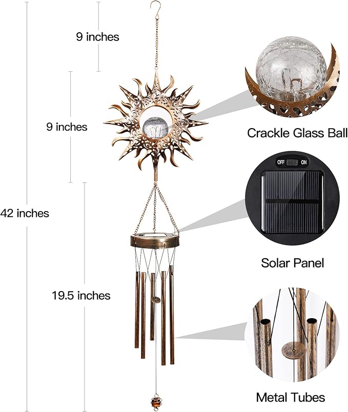 DesGully Solar Wind Chimes, Sun Wind Chime Outdoor Clearance w/Glowing Crackle Glass LED Unique Wind Bells for Outside Waterproof Chimes, Gifts for Her/Him (42" Long Metal Chimes)…